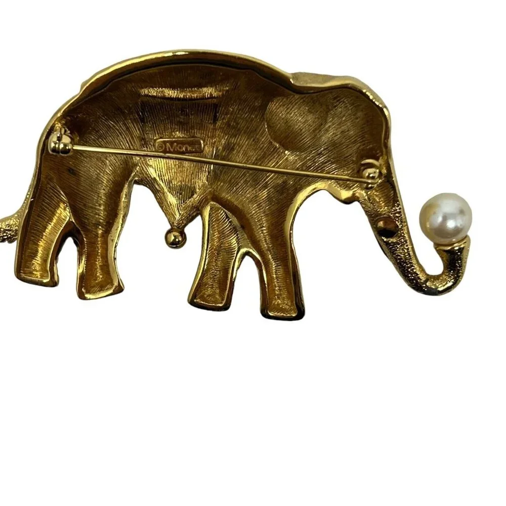 Vintage Monet Elephant Brooch Faux Pearl Red Blue Enamel and‎ Gold Tone Pin